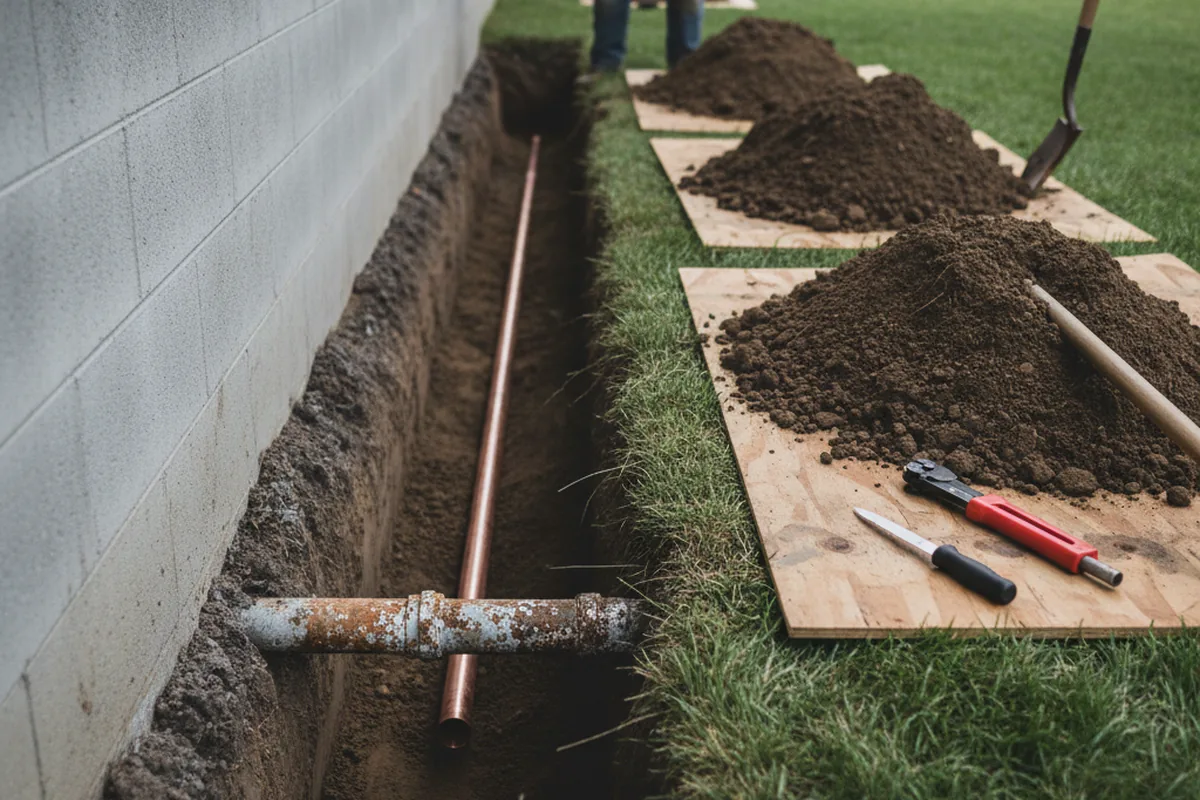 Excavated water line trench during Sewer Line Repair in Opelika